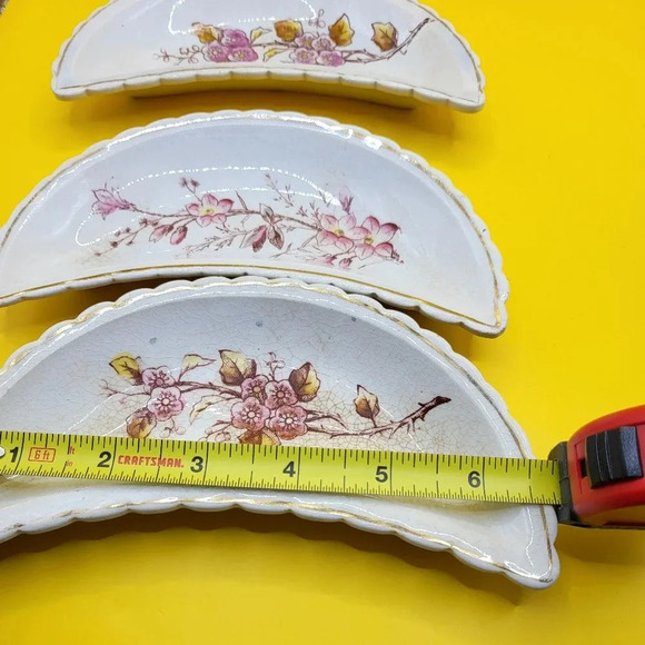 3 Half Moon Crescent Bone Dishes Side Plates Floral Transfer Ware Motif Set - Picture 3 of 6